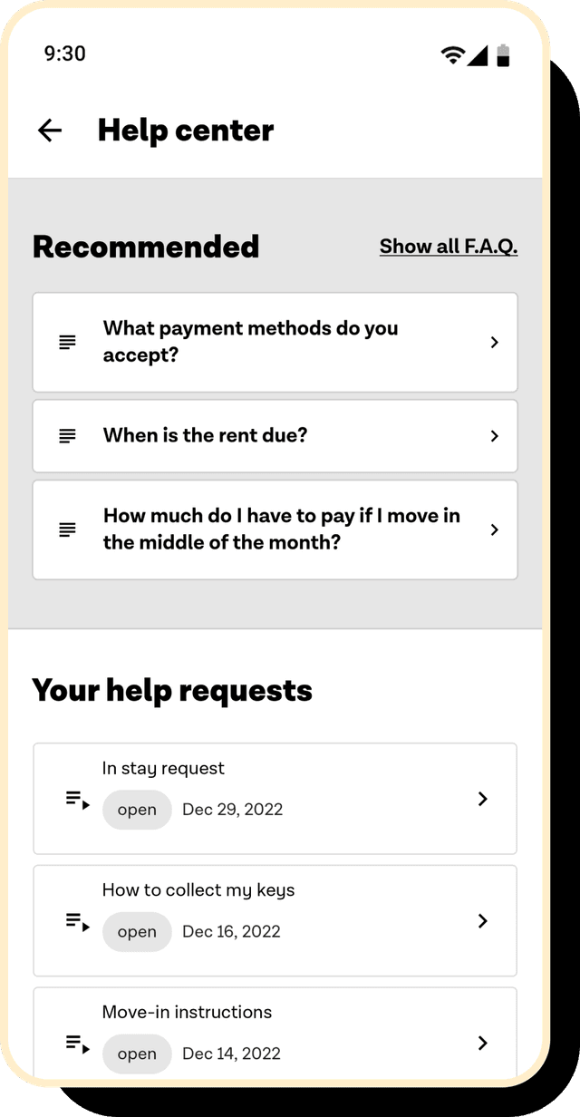 Screenshot of the mobile app screen 'Help Center'