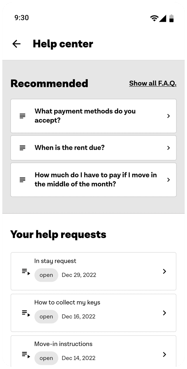 Screenshot of the mobile app screen 'Help Center'
