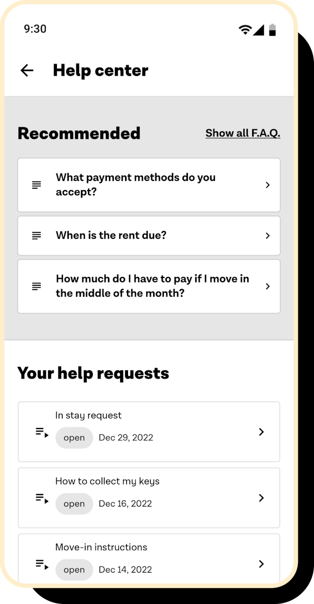 Screenshot of the mobile app screen 'Help Center'